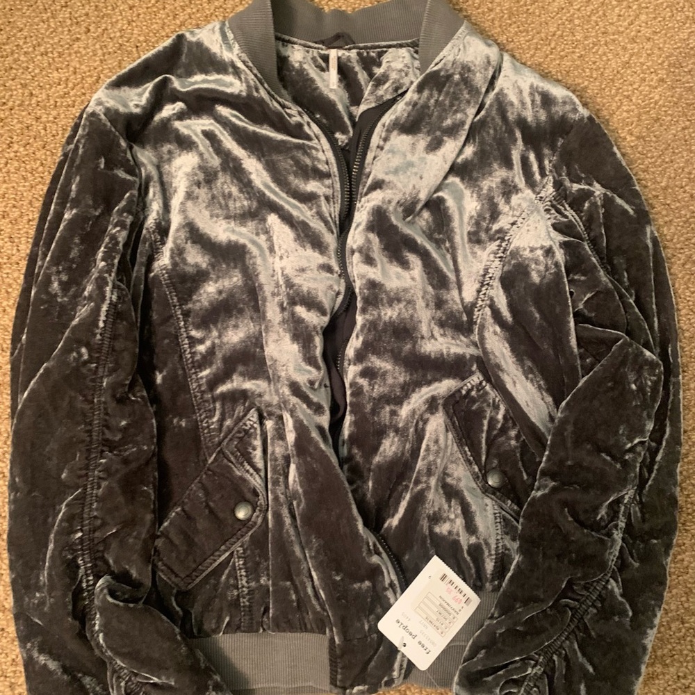 Free People Gray Velvet Zip Up Jacket